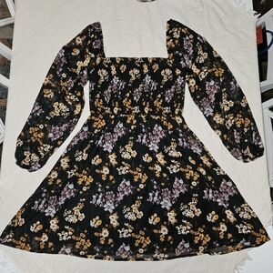 Rue21 Black Floral Smocked Square Neck Long Sleeve Mini Dress Size M Whimsigoth